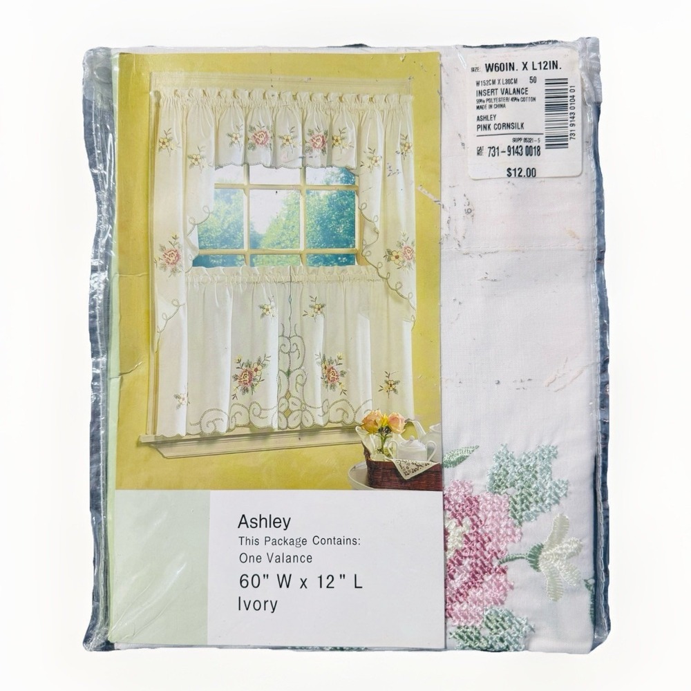 NOS Ashley Rose Embroidered Insert Valance 60x12 Cottage Floral‎ Window Curtain